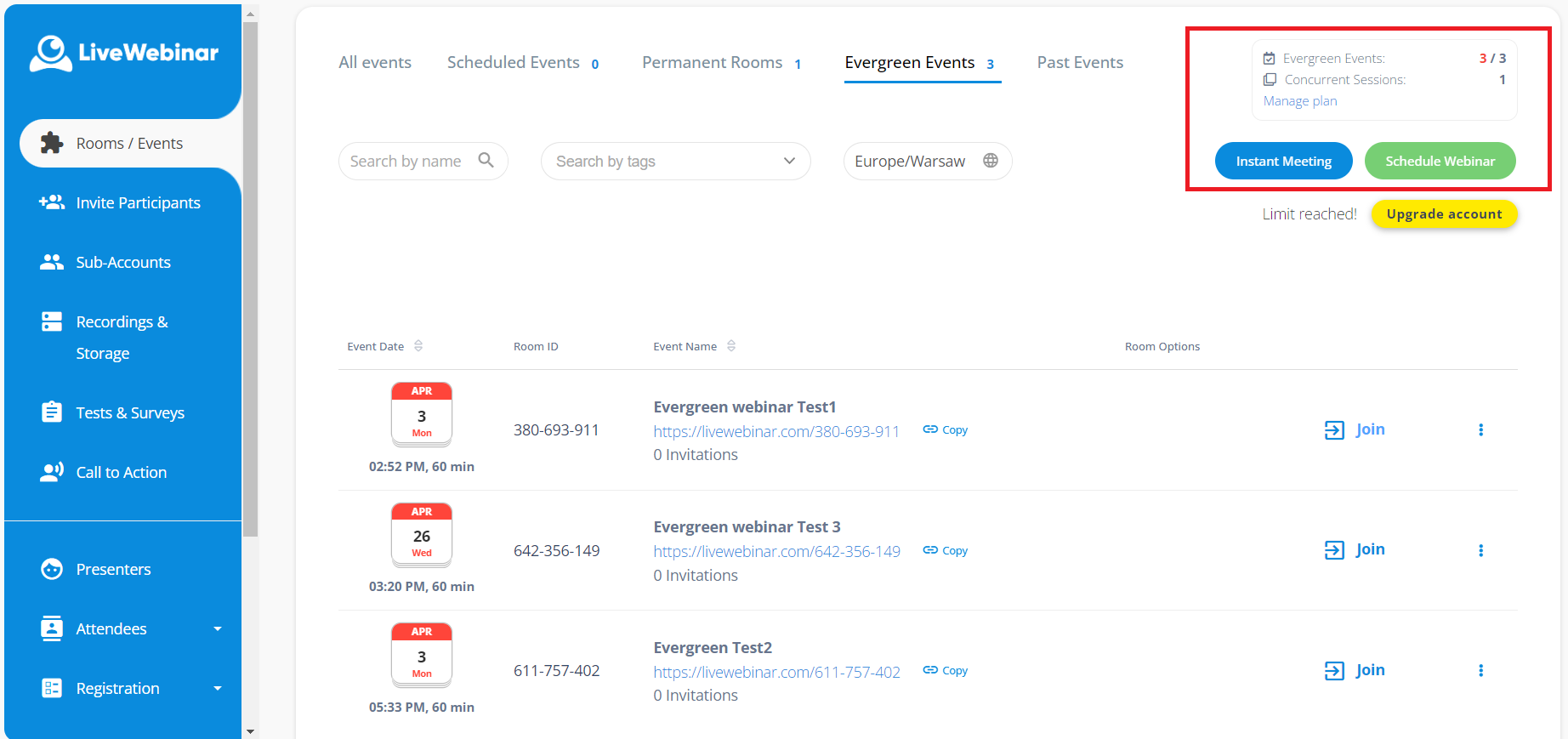 LiveWebinar dashboard