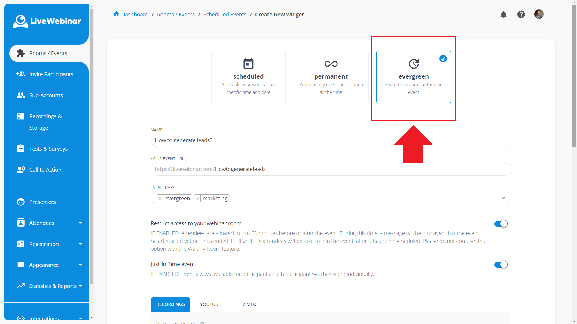 LiveWebinar dashboard
