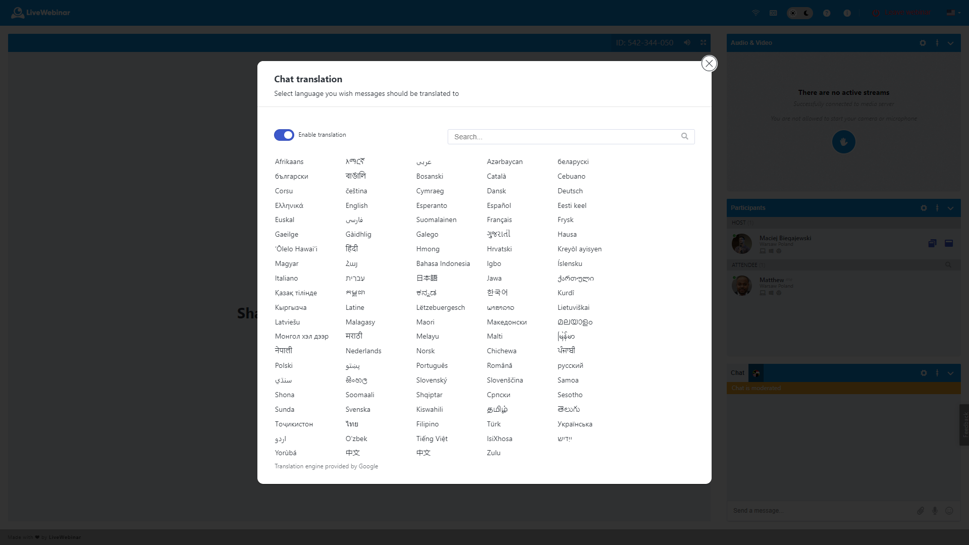 chat translation in webinar room LiveWebinar