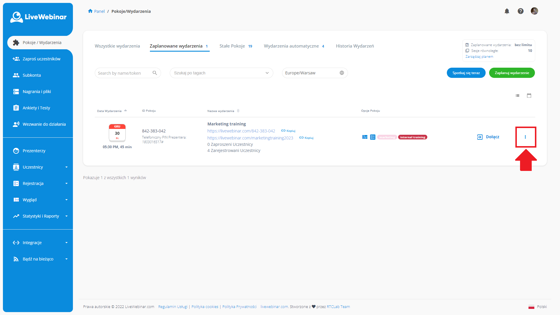 LiveWebinar dashboard