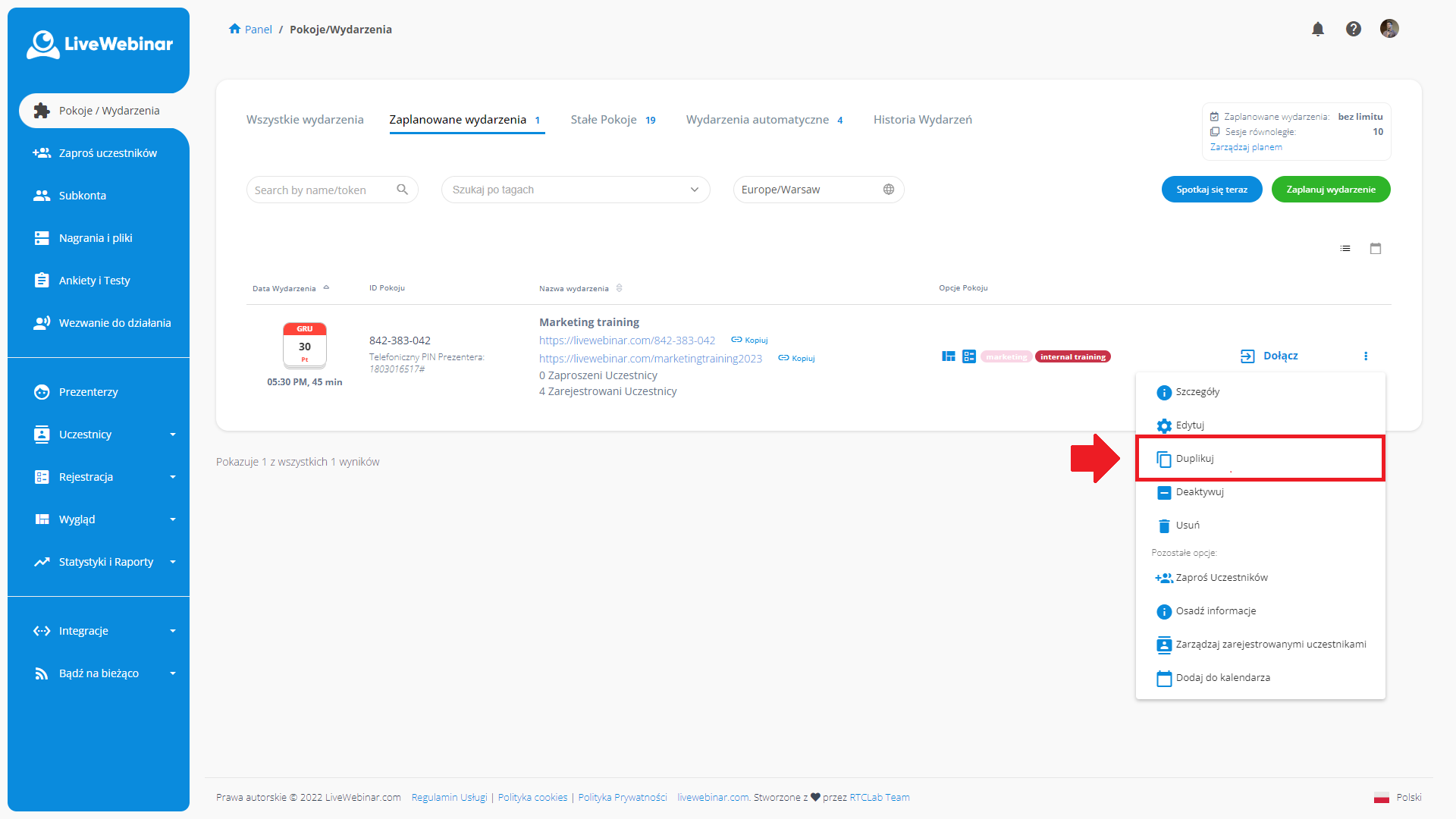 LiveWebinar dashboard