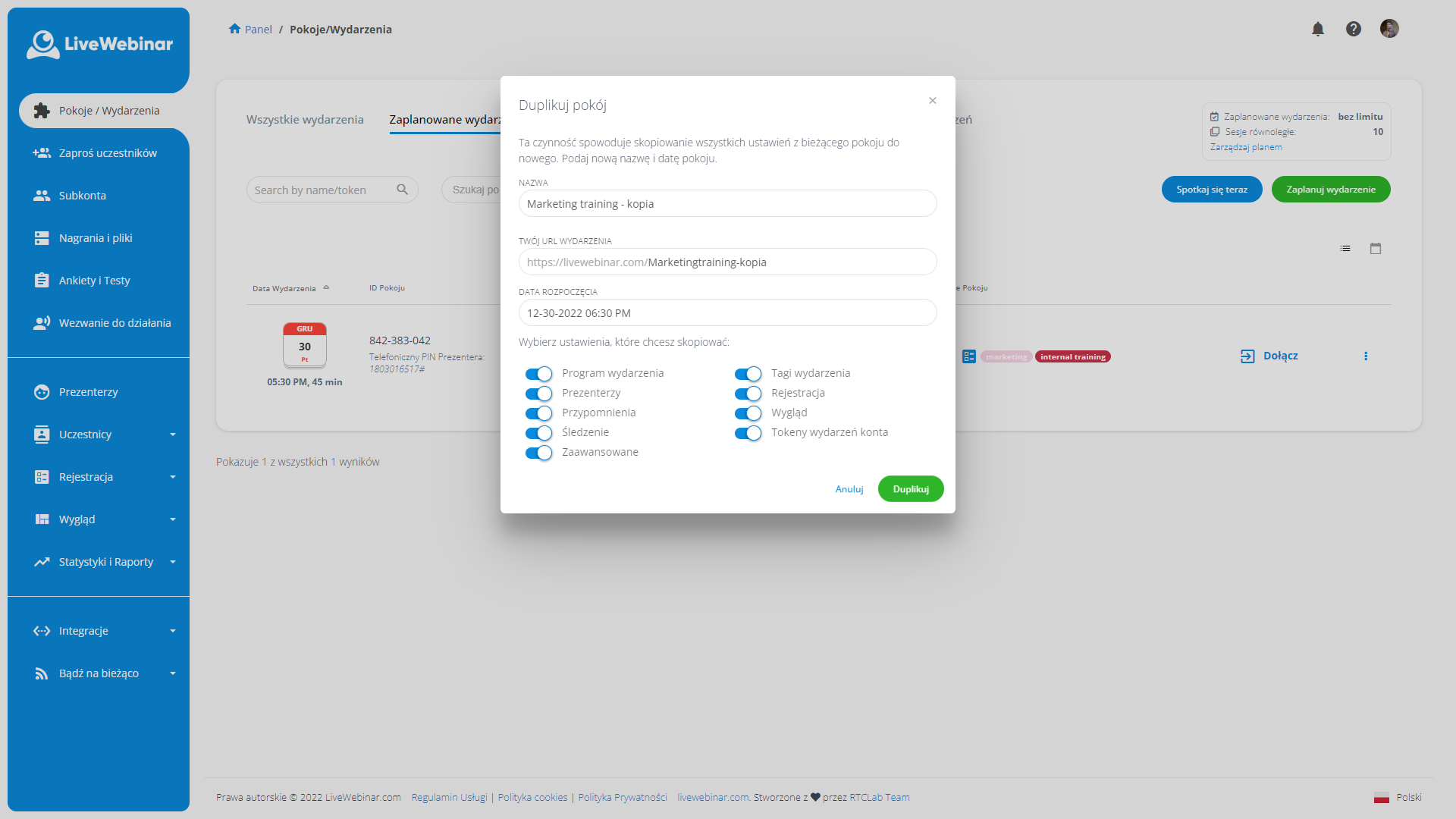 LiveWebinar dashboard