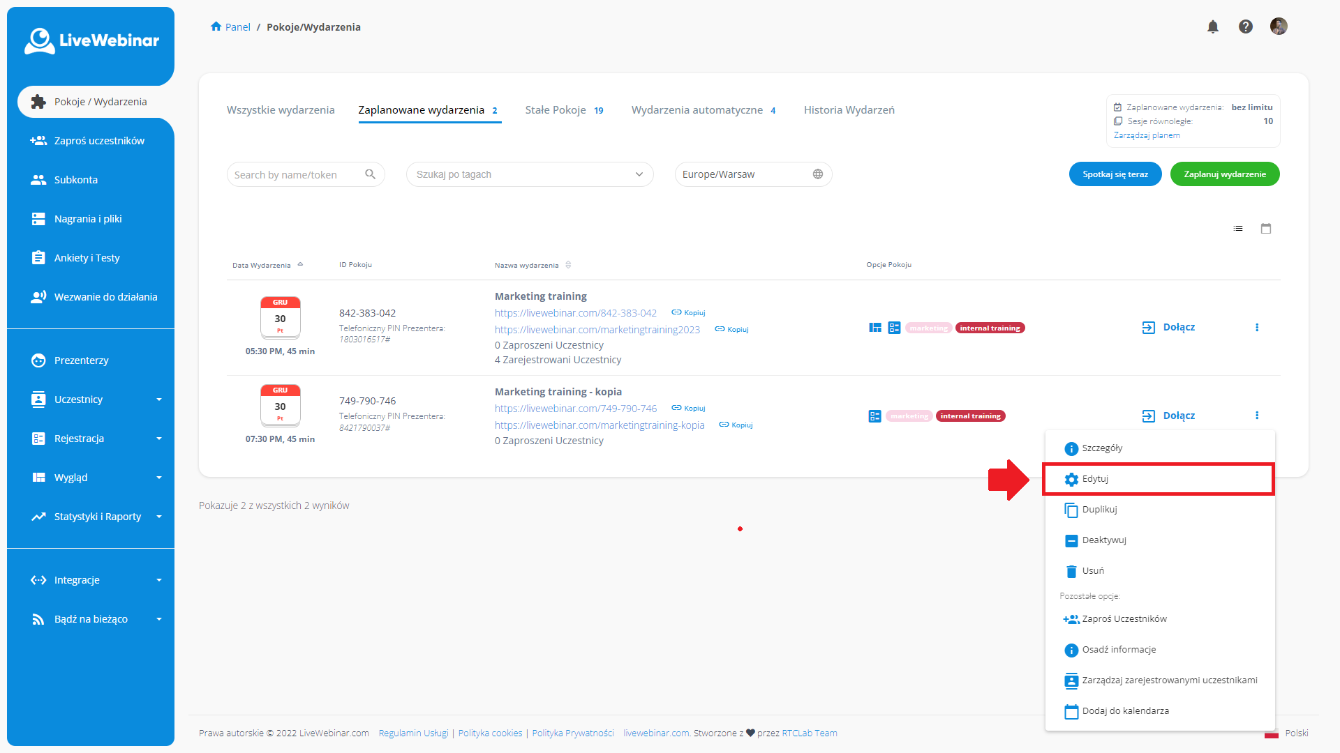 LiveWebinar dashboard