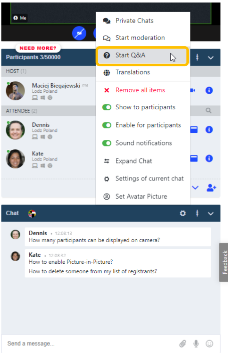 Q&A session in a webinar room during LiveWebinar