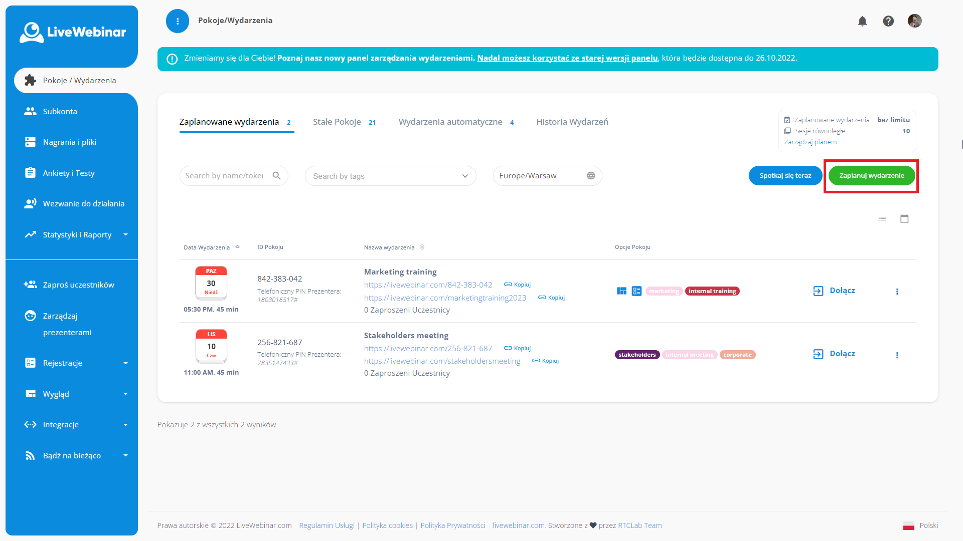 LiveWebinar dashboard