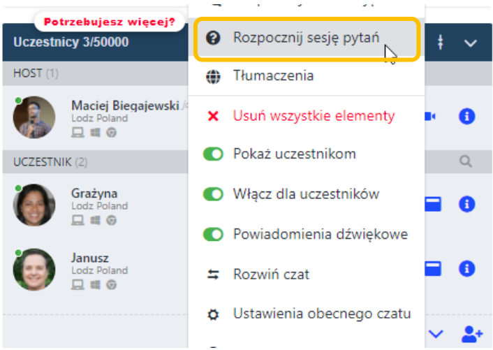 sesja Pytan i Odpowiedzi w pokoju webinarowym w LiveWebinar