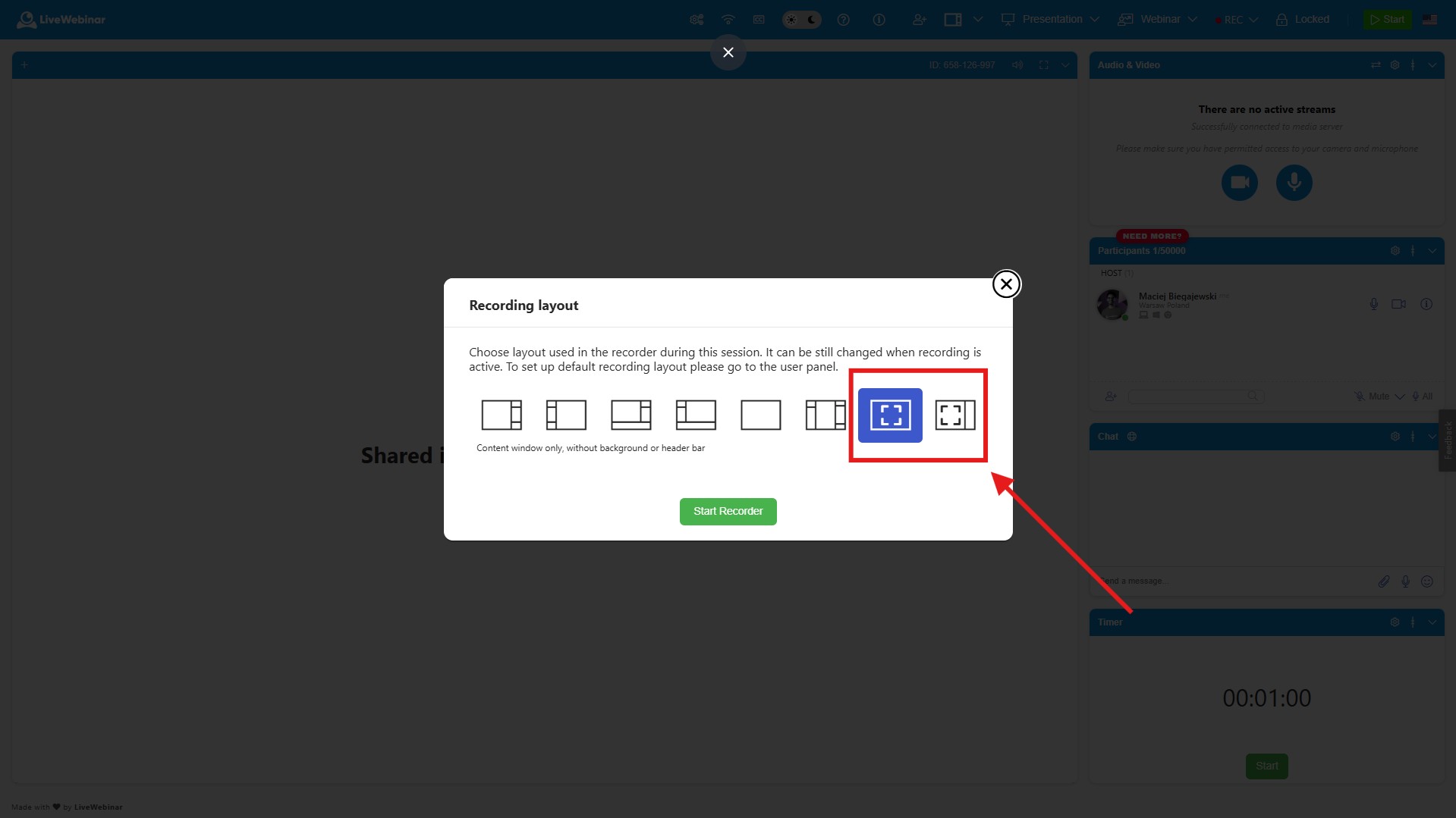Selecting an anonymous recording template layout in LiveWebinar recorder settings