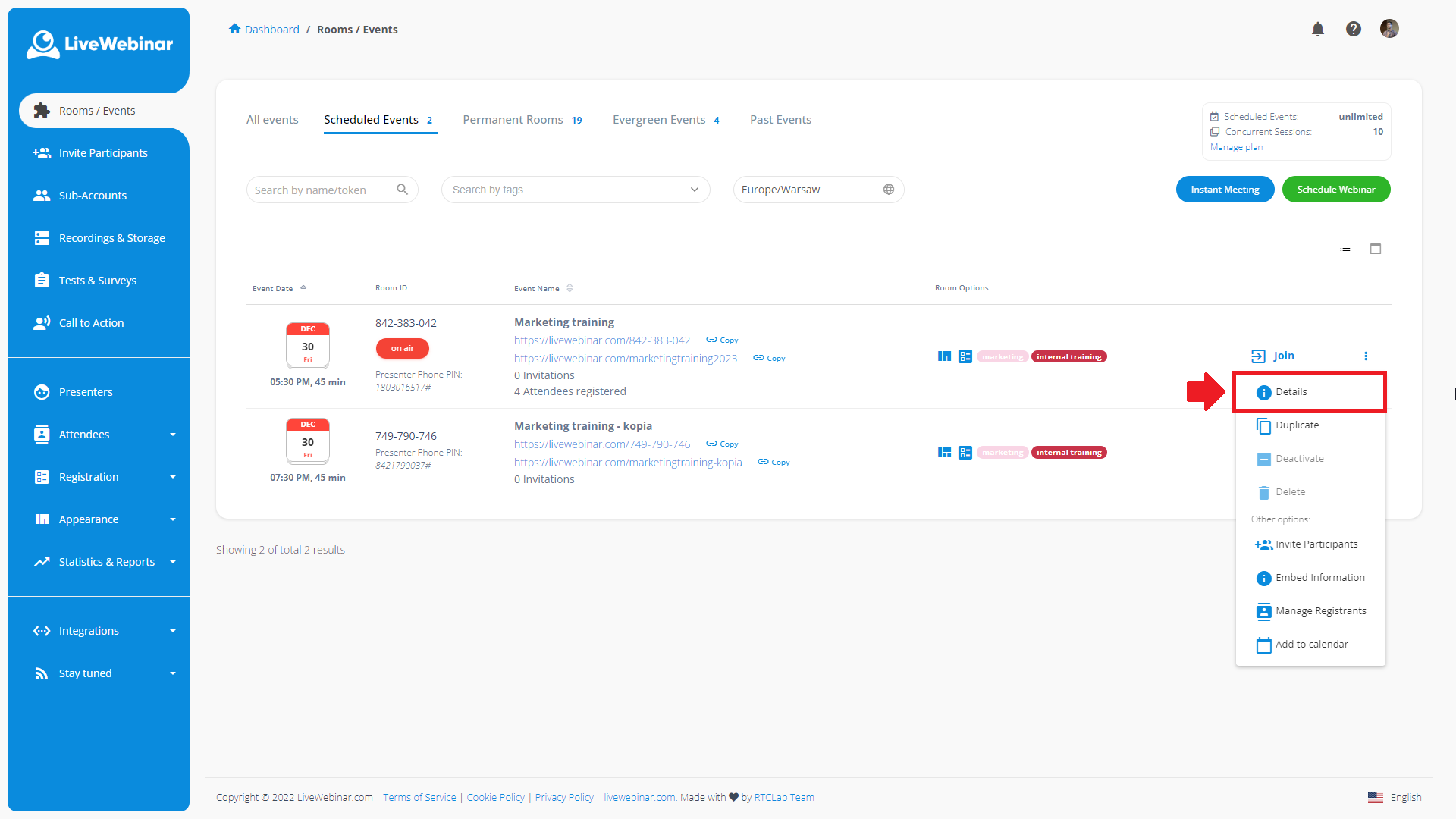 LiveWebinar interface