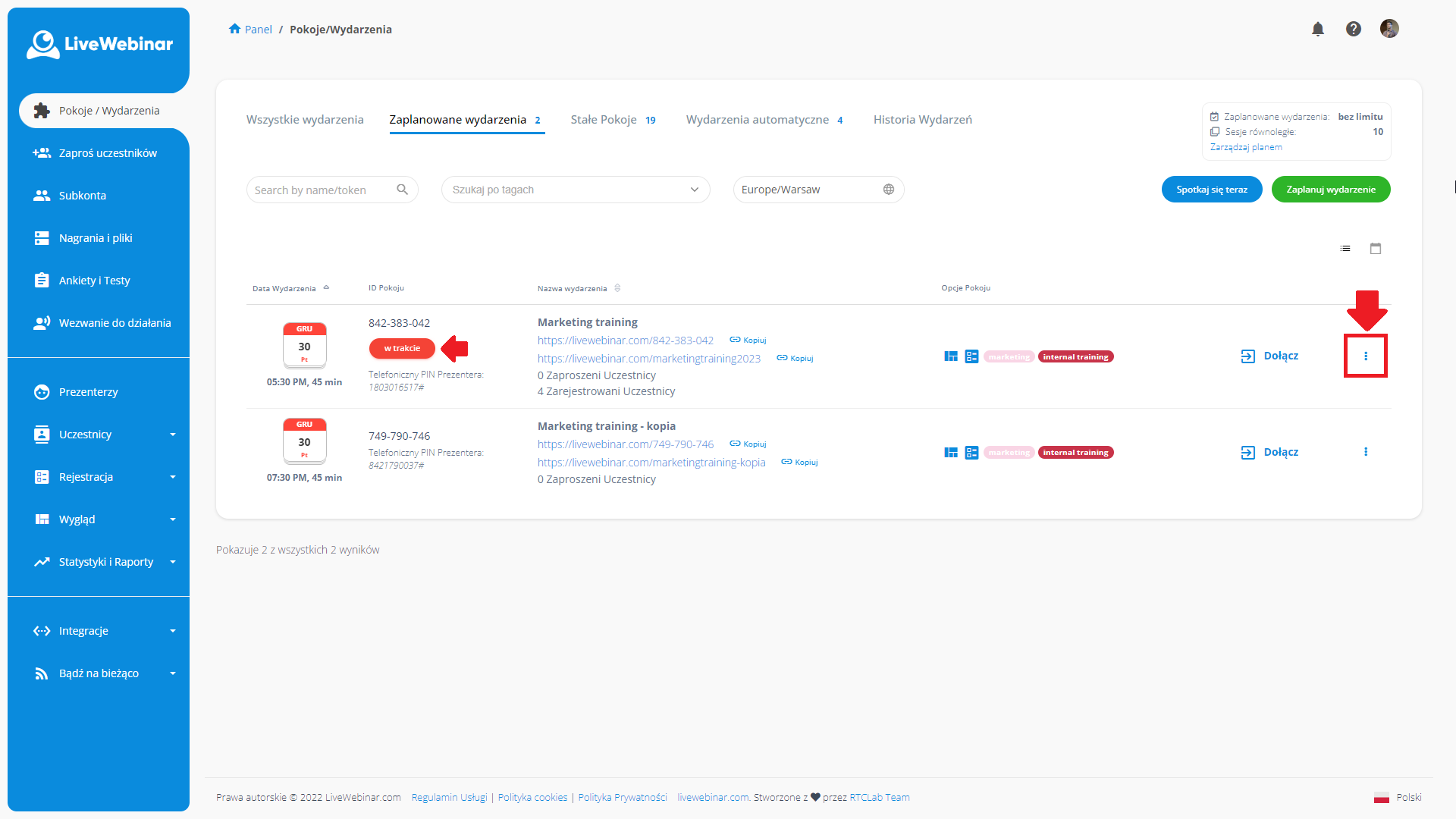 LiveWebinar dashboard