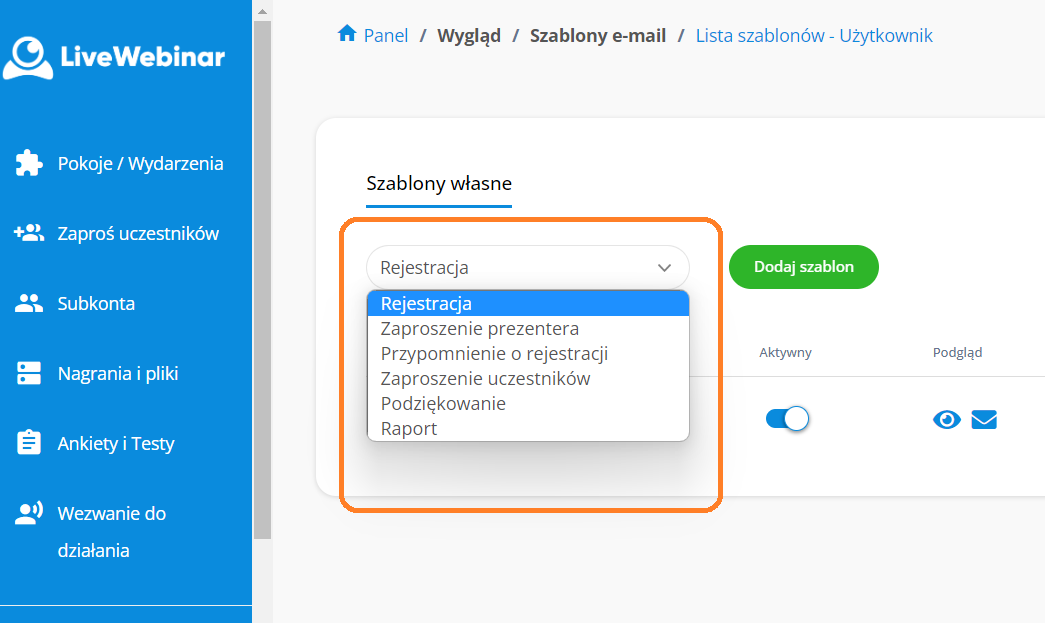 interfejs zaproszenia do wydarzenia livewebinar