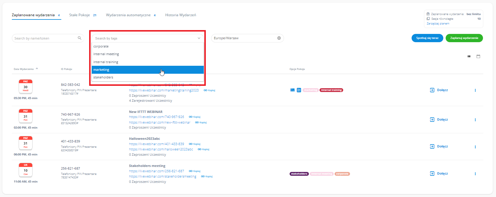 LiveWebinar dashboard