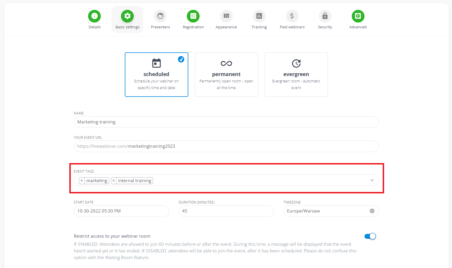 LiveWebinar dashboard