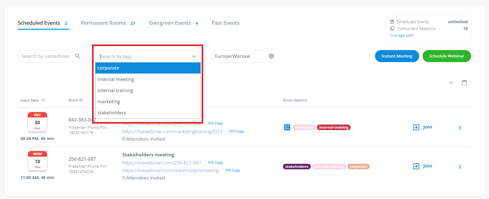 LiveWebinar dashboard
